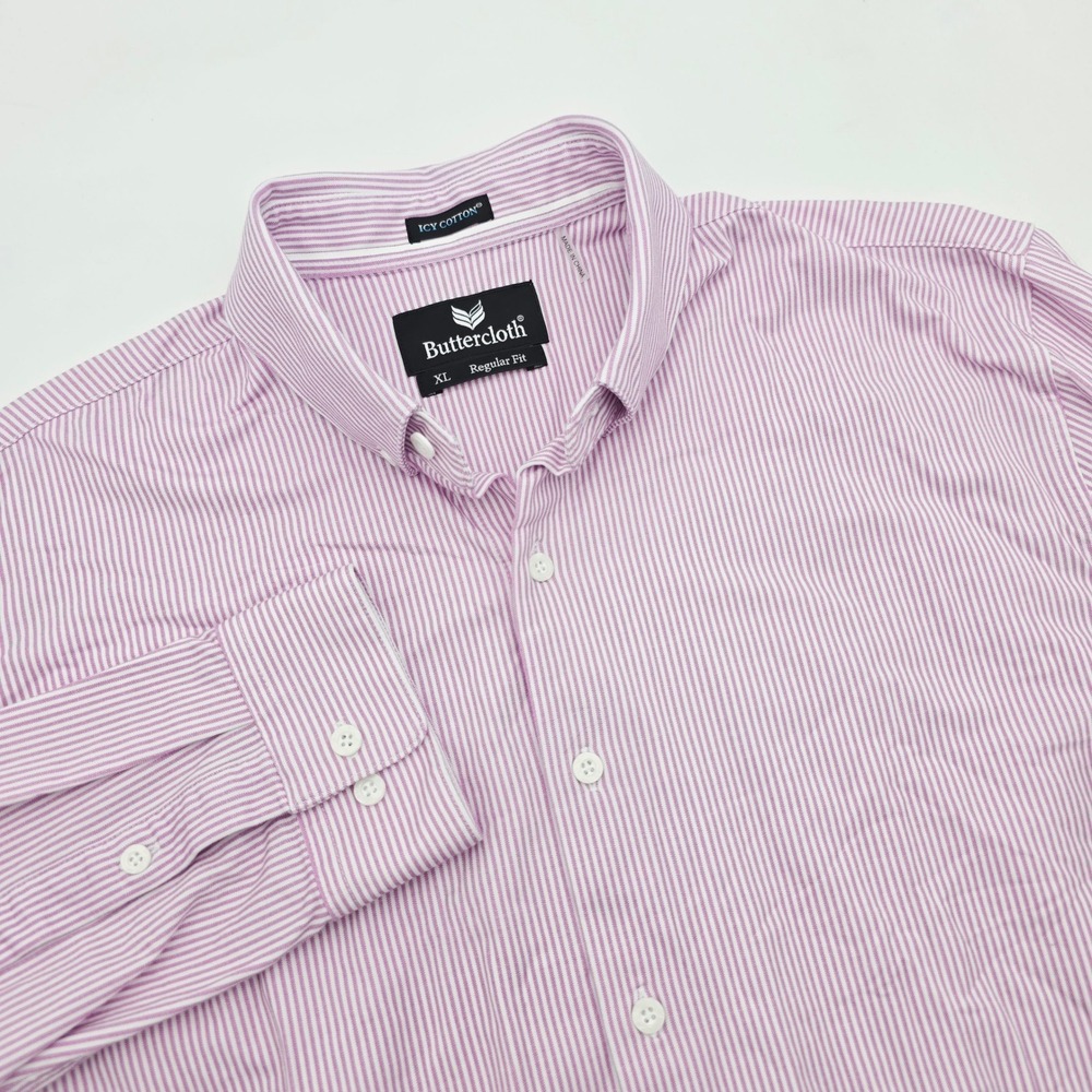 Buttercloth Icy Cotton Shirt Mens XL Regular Fit Purple White Stripe Long Sleeve